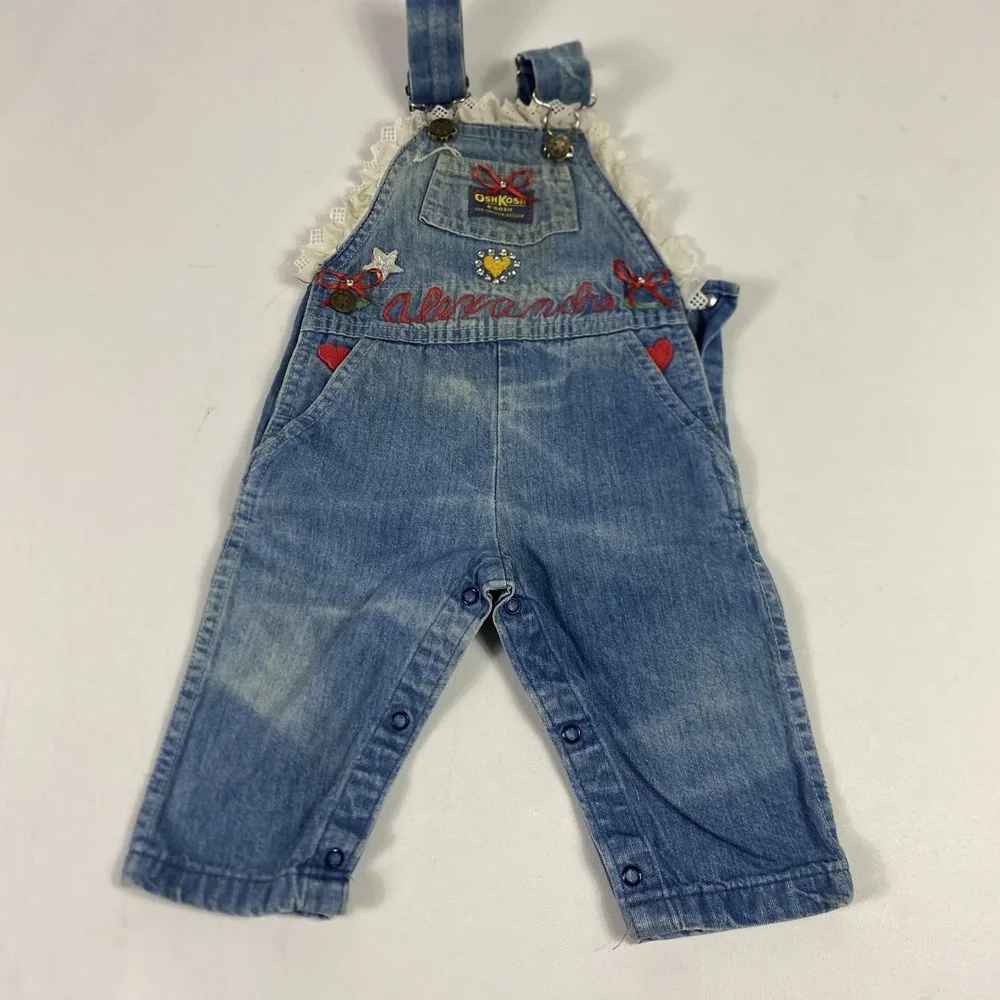 Vintage OshKosh Bgosh Overalls Girls 18‎ Months Denim Vestbak Hearts Lace 90s